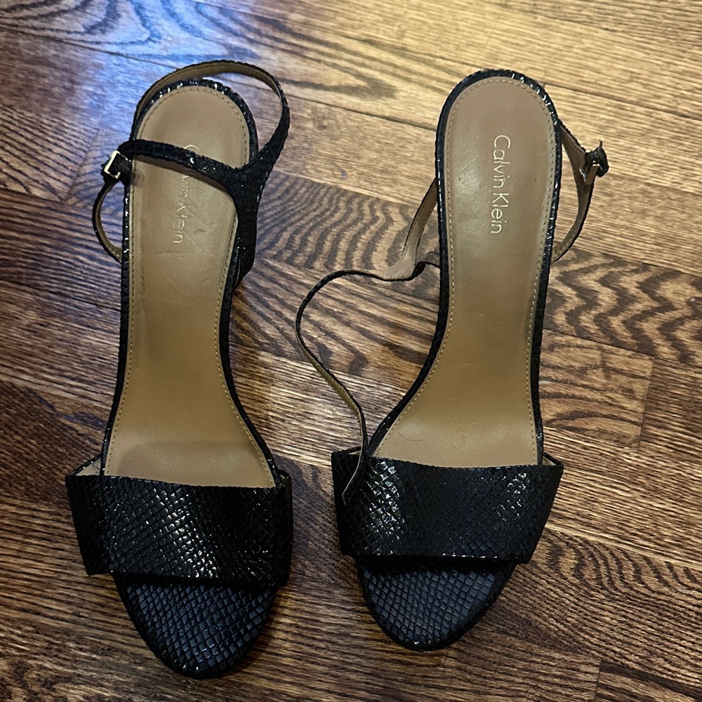 Calvin Klein Black Snake-Embossed Slingback Heels